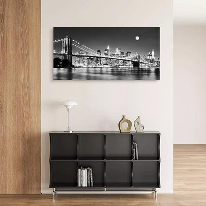 Baisuart-Q30398 Brooklyn Bridge Night View 1 Panels Landscape Artwork Canvas Prints Moon Night New York City Scene Picture Paintings Black and white Wall Art for Oiffce Home Decorations Wall Decor