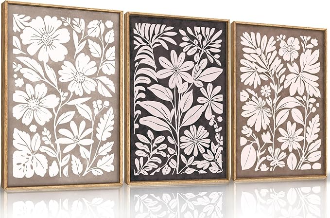 HLNIUC Black Brown Botanical Flower Wall Art Framed, Neutral Minimalist Wildflower Wall Decor set of 3 (24"x36"), Rustic Farmhouse Grey Canvas Painting, Nature Prints for Living Room, Bedroom, Office
