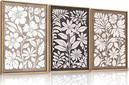 HLNIUC Black Brown Botanical Flower Wall Art Framed, Neutral Minimalist Wildflower Wall Decor set of 3 (24"x36"), Rustic Farmhouse Grey Canvas Painting, Nature Prints for Living Room, Bedroom, Office