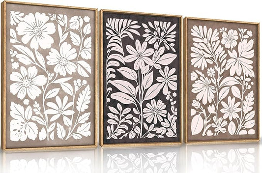 HLNIUC Black Brown Botanical Flower Wall Art Framed, Neutral Minimalist Wildflower Wall Decor set of 3 (16"x24"), Rustic Farmhouse Grey Canvas Painting, Nature Prints for Living Room, Bedroom, Office