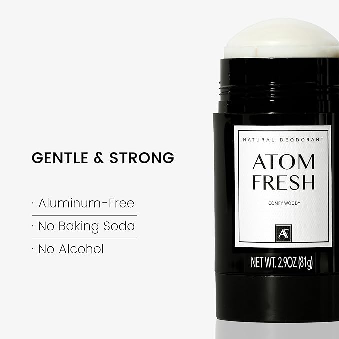 Atom Fresh Natural Deodorant Solid Stick – 72H Triple Odor Defense – Aluminum-Free, Baking Soda-Free – With Amino Acids, Mineral Powder, Plant-based Starch – Comfy Woody – Skin Safe – 2.9 oz