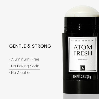 Atom Fresh Natural Deodorant Solid Stick – 72H Triple Odor Defense – Aluminum-Free, Baking Soda-Free – With Amino Acids, Mineral Powder, Plant-based Starch – Comfy Woody – Skin Safe – 2.9 oz