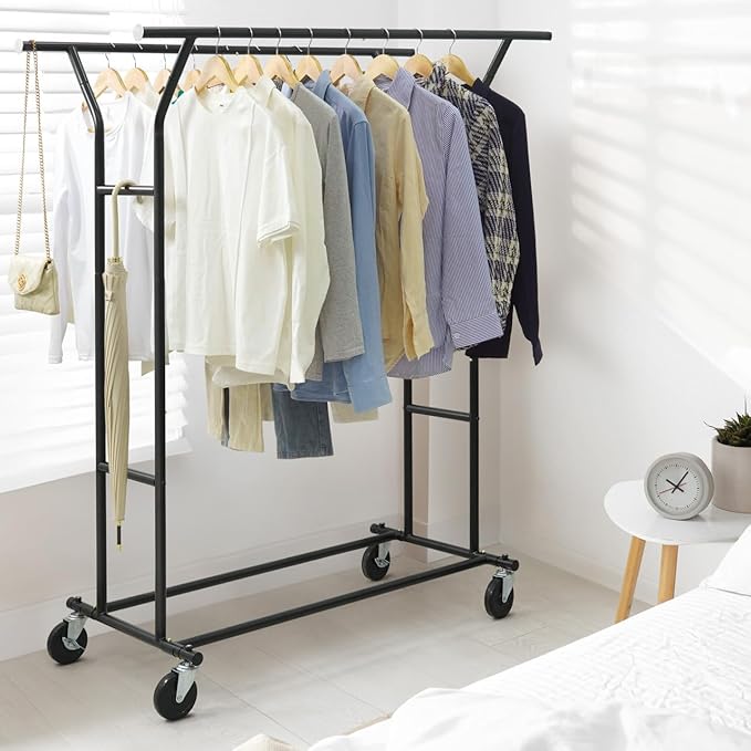 CAPHAUS Heavy Duty Clothes Rack with Double Rods, 440LBS Capacity Rolling Clothing Rack for Hanging Clothes, Adjustable Metal Wardrobe Rack, Garment Rack with Wheels and Extendable Rods, Black