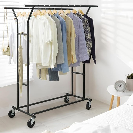 CAPHAUS Heavy Duty Clothes Rack with Double Rods, 440LBS Capacity Rolling Clothing Rack for Hanging Clothes, Adjustable Metal Wardrobe Rack, Garment Rack with Wheels and Extendable Rods, Black