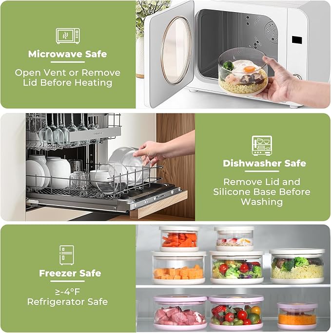 Glass Food Storage Containers with Airtight Lids, 33.8oz & 11.8oz High-Borosilicate Glass Meal Prep Containers with Spork, Bento Lunch Boxes for Salad, Ramen, Soup, Fruit - 4 Pack, Pink/White