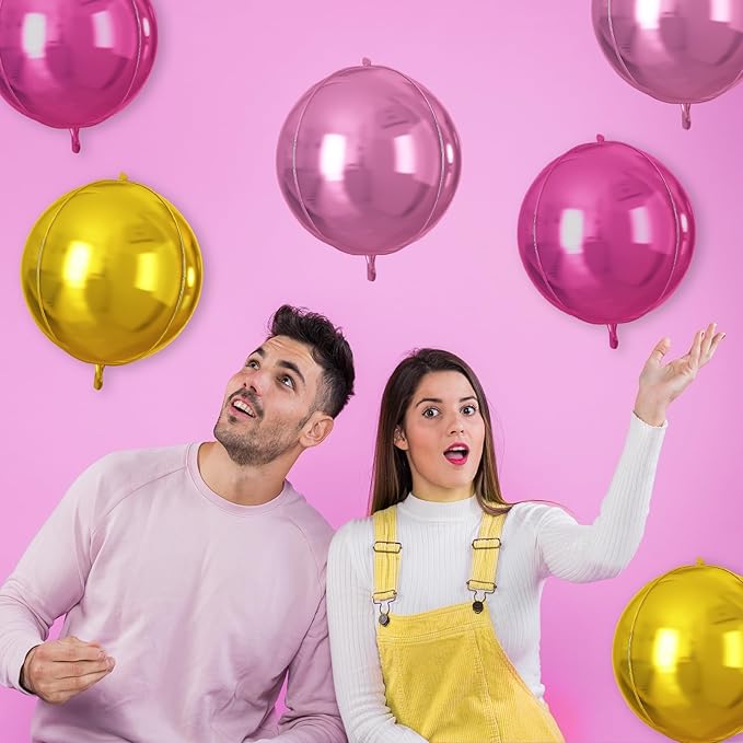 Pink Gold Round Foil Balloons 9 pcs,Metallic Giant 4D Round Balloons 22 Inch for Birthday Girl's Baby Shower Bridal Shower Wedding Valentine Party Decorations