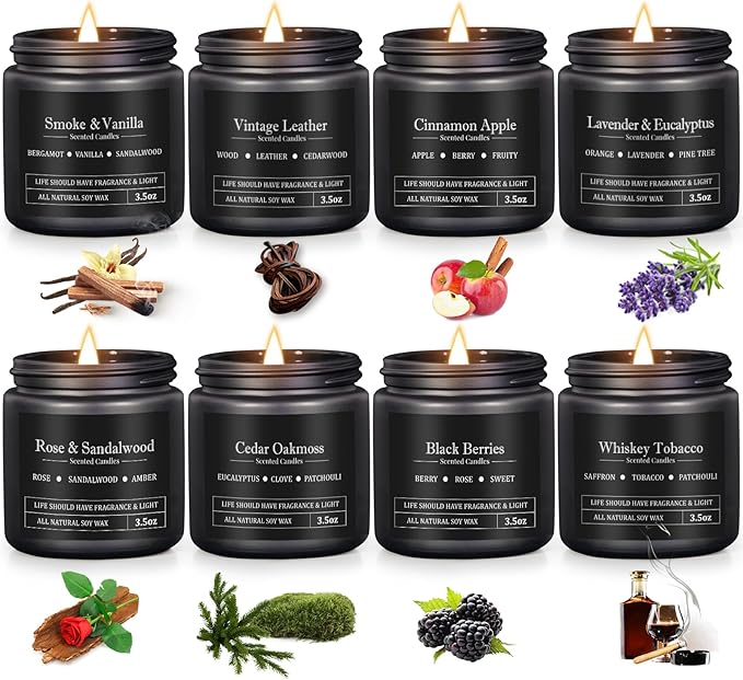 Men's Aromatherapy Gift Set - 8 Candles with Manly Scents (Leather, Smoke, Oak) in Black Candle Jars | Scented Candles for Home, Fall Decor | Perfect for Birthdays, Father's Day | Gifts