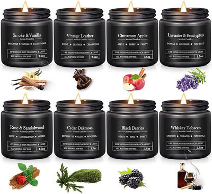 Men's Aromatherapy Gift Set - 8 Candles with Manly Scents (Leather, Smoke, Oak) in Black Candle Jars | Scented Candles for Home, Fall Decor | Perfect for Birthdays, Father's Day | Gifts