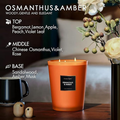 HomeLights Large Jar Candle-33.3 Oz. Natural Soy Aromatherapy Candle | Osmanthus Amber Scent | Up to 130 Hours Burn Time with 3 Cotton Wicks | Home Decorative Fragrance Candle Gift