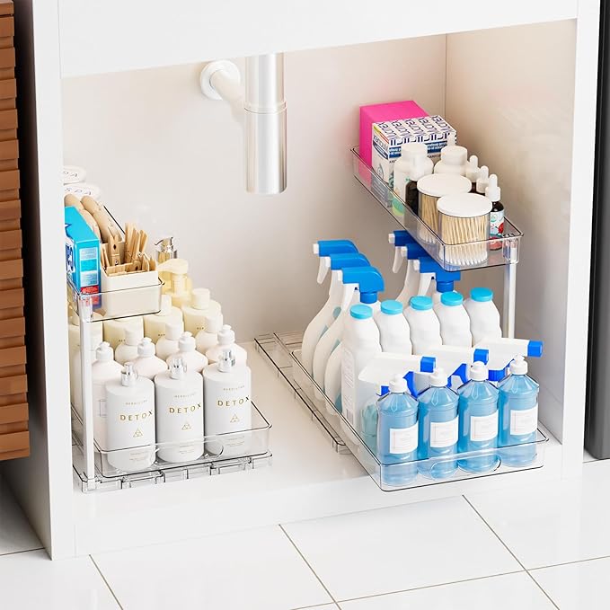 Yieach 2-Tier Under Sink Organizers and Storage,2 Pack Bathroom Cabinet Organization,Pull Out Shelves Drawers for Undersink Cleaning Supplies Organizer,Inder Sink Cabinet Storage for Kitchen,Clear