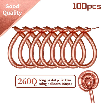 KAWKALSH 260 Metallic Rose Gold Long Balloons for Balloon Garland Thickening Skinny Latex Twisting Animals Modeling Christmas Birthday Wedding Party Festival Decorations 100pcs