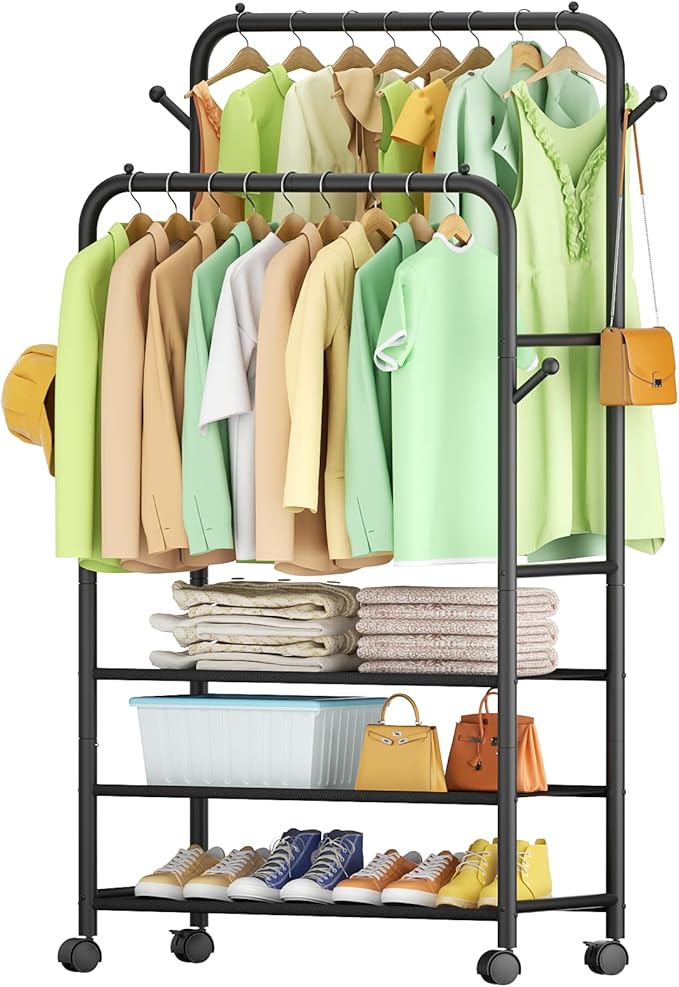 Clothing Racks for Hanging Clothes, Portable Clothing Rack with Wheels Rolling Clothes Racks, Black Garment Racks-3-Tier