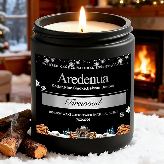Firewood Candle – Winter Candles | Holiday Scented Candles, 7oz Jar Soy Candle for Home Scented - 50H Burn - Smoky Fireplace Cozy & Warm Scent, Christmas Gifts for Women & Men, Rustic Holiday Décor