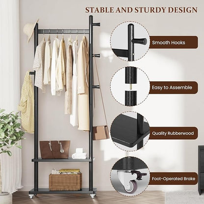 Coat Rack Freestanding Clothing Rack with Wheels & 2 Shelves Storage & 5 Hooks Heavy Duty Clothes Rack Wood Coat Tree Stand Hat Hanger Rack for Corner Bedroom Entryway Living Room Hotel Size L