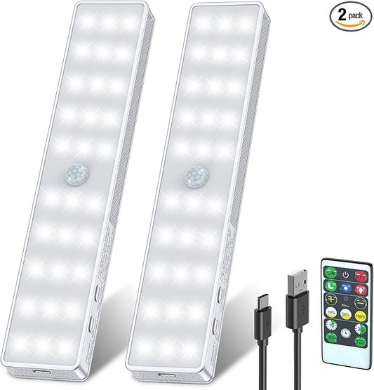 LED Closet Light, 30LEDs Dimmer USB Rechargeable Motion Sensor Light Under Cabinet Lighting, Stick-Anywhere Night Safe Light Bar for Wardrobe,Kitchen-2 Pcs