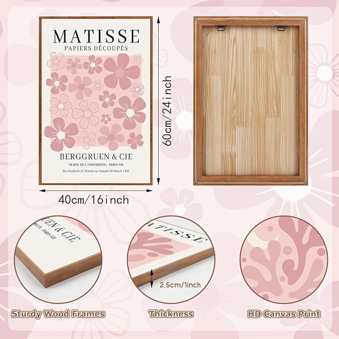 HLNIUC Pink Matisse Picasso Framed Wall Art,Neutral Pink Flower Canvas Wall Decor Set of 3(16”x24’) Modern Aesthetic Pictures Wall Painting,Abstract Floral Market Art Print for Living Room,Bedroom