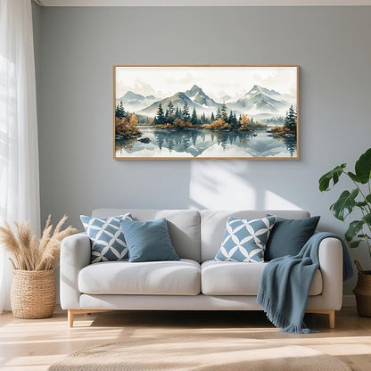 HLNIUC White Foggy Forest Mountain Wall Art Framed,Large Misty Watercolor Pine Tree Wall Decor(20"x40"), Nature Lake Landscape Canvas Painting for Living Room, Bedroom, Office