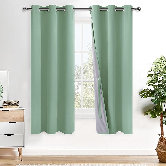 XWZO 100% Blackout Curtains 2 Panels with Tiebacks- Double Layers Heat and Full Light Blocking Window Panels with Grommets for Narrow Short Windows, Light Sage, W38 x L72, Set of 2