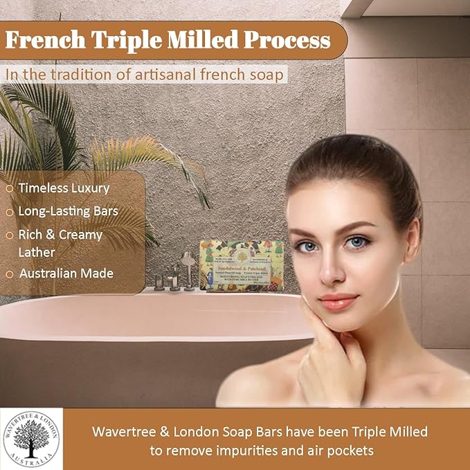 Wavertree & London Sandalwood & Patchouli Scented Natural Soap Bars (Pack of 8), 7oz Moisturizing French Triple Milled Soap Bars enriched with shea butter, Plant Based Safe for All Skin Types
