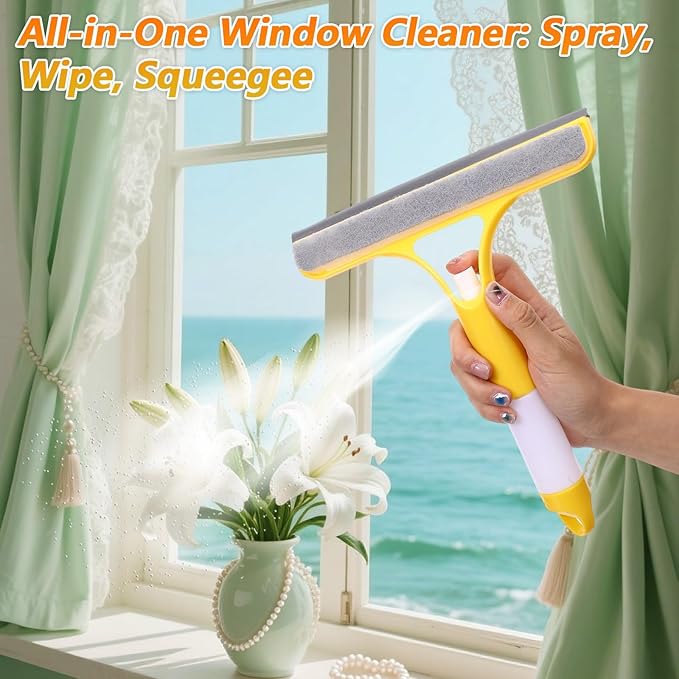 3 in 1 Glass Scraper Window Squeegee Cleaner All Purpose Spray Window Cleaners Squeegee Easy to Clean Without Streaks Glass Cleaner Tool for Tile Shower Wall Sink Mirror Bathroom Car Windows Cleaning