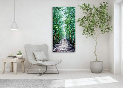 Alenoss Hand Painted Canvas Wall Art, Large Midsummer Forest Landscape Painting, Abstract Oil Painting on Canvas, 24x48 inches, Green, Vertical Wall Art for Living Room, Bedroom