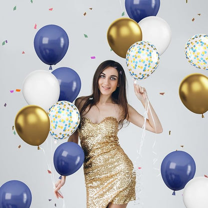 Navy Blue and Gold Balloons, 60Pcs Night Blue Gold Balloons, 12 Inch Metallic Gold Blue Confetti Balloons White Latex Balloons for Boys Birthday Baby Shower Wedding Graduation Party Decorations