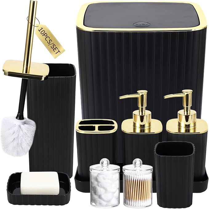 Bathroom Accessories Set - Gorgeous Black Bathroom Set, 10PC Bathroom Accessory Set, Toilet Brush, Trash Can, Qtip Holder Dispenser & Soap Dispenser