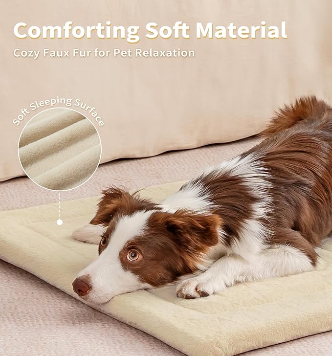 Made4Pets Dog Crate Pad Bed for Medium Large Dogs, Washable & Reversible, Anti-Slip Kennel Mat for Cozy Sleeping, Soft Fluffy Dog Bed for Indoor & Outdoor Use, 35"x23", Beige