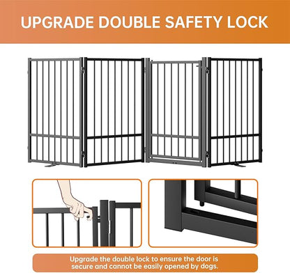 Full Metal Freestanding Dog Gate with Door, 32''Height Foldable Pet Dog Fence for Indoor & Outdoor, 4 Panels Extra Wide Free Standing TallDog Gates for Doorways,House,Stairs,Porch,Deck,Yard