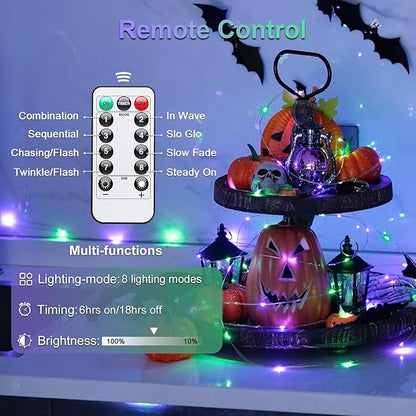 JMEXSUSS Halloween Lights Battery Operated, 2 Pack 100 LED 33ft Halloween Fairy Lights with Remote, 8 Modes Twinkle String Light for Fireplace Porch Tree Centerpiece Wreath Decor, Purple and Green