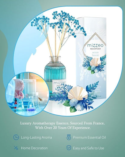 MIZZEO Reed Diffuser Set, Ocean Beach 6.76 fl oz Highly Scented Room Diffuser Home Fragrance Essential Oil Reed Flower Diffuser, House Bedroom Office Decor & Gifts