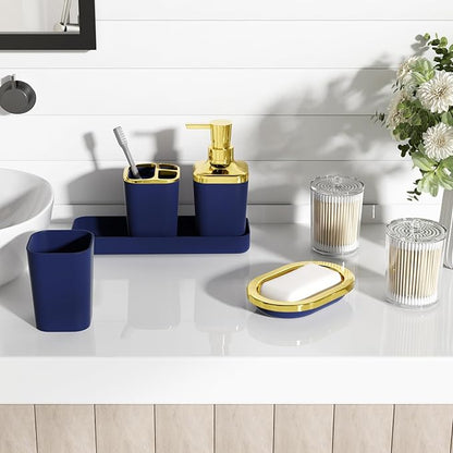 Navy Blue Bathroom Accessories Set, Blue and Gold Bathroom Accessories with Trash Can, Soap Dispenser, Soap Dish, Toothbrush Holder and Q-tip Holders