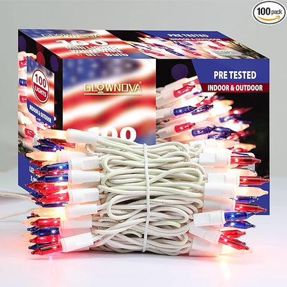 Patriotic String Lights, 100 Count 19.6 FT July 4th Mini White Wire Fairy Lights, 120V UL Certified Connectable Incandescent Independence Day