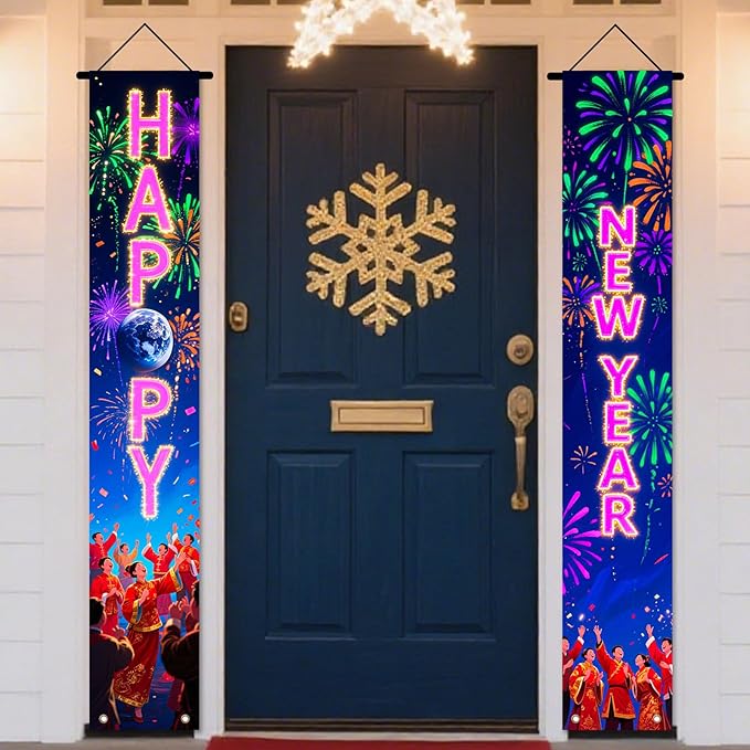 Nuxovilar Happy New Year Banner, 70.86" x 11.81" Pink Purple Fireworks Hanging Decorations for Outdoor Indoor Home Wall