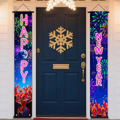 Nuxovilar Happy New Year Banner, 70.86" x 11.81" Pink Purple Fireworks Hanging Decorations for Outdoor Indoor Home Wall
