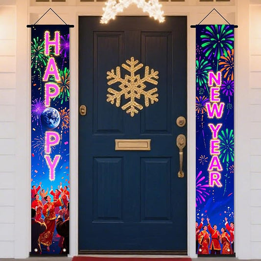 Nuxovilar Happy New Year Banner, 70.86" x 11.81" Pink Purple Fireworks Hanging Decorations for Outdoor Indoor Home Wall