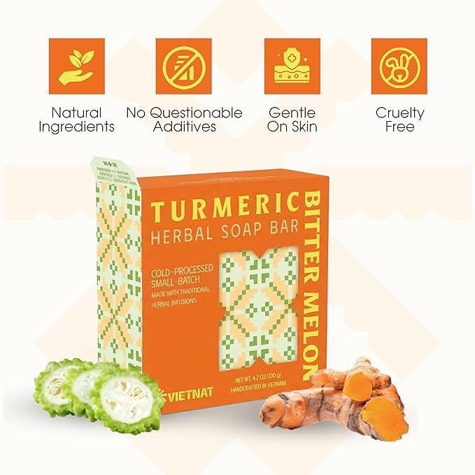 Turmeric & Bitter Melon 2-in-1 Luxurious Natural Soap Bar (Pack of 5) | Refreshing Cleanse for Sweat, Oil & Buildup | Cooling Lemongrass Peppermint | Cold Process | Handmade in Vietnam