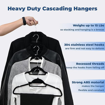 Black Velvet Hangers 50 Pack, Felt Covered Non Slip Fabric with Stackable Cascading Hook, Ultra Thin and Space Saving with 360° Swivel Neck, 15Lbs Capacity for Clothes, Suit, Shirt, Coat