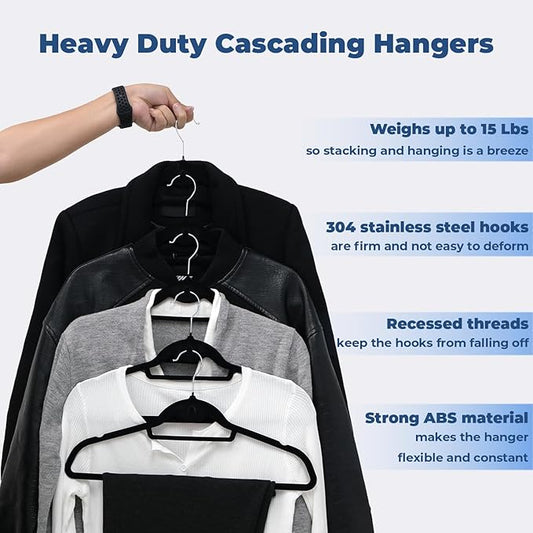 Black Velvet Hangers 50 Pack, Felt Covered Non Slip Fabric with Stackable Cascading Hook, Ultra Thin and Space Saving with 360° Swivel Neck, 15Lbs Capacity for Clothes, Suit, Shirt, Coat