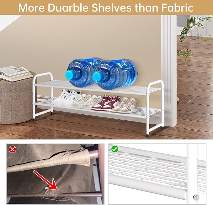KEETDY 2-Tier Long Shoe Rack for Closet Entryway Shoe Organizer for 18 Pairs Sneakers, Metal Stackable Shoe Storage Shelf with Wire Grid for Bedroom, Floor, White
