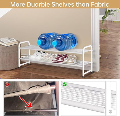 KEETDY 2-Tier Long Shoe Rack for Closet Entryway Shoe Organizer for 18 Pairs Sneakers, Metal Stackable Shoe Storage Shelf with Wire Grid for Bedroom, Floor, White