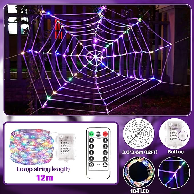 184 LED Spider Web Lights Halloween Decor, 3.6 m Giant Round Net Lights with Remote Control - 8 Modes & Timer for Garden Indoor - Colorful