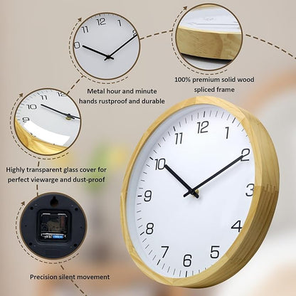 MEIRED Wooden Wall Clock 12 Inch Silent Non Ticking Wall Clocks Battery Operated Wood Analog Retro Round Clock Decorative for Kitchen,Home,Living Room,Classroom, Log White