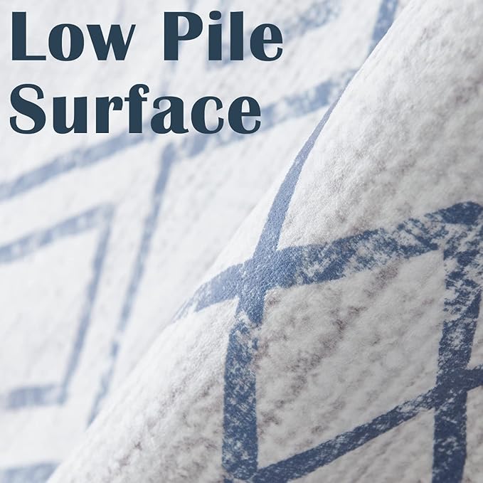 jinchan Hallway Runner Rug 2x10 - Moroccan Kitchen Machine Washable Runner Rug Modern Geometric Soft Faux Wool Ultra-Thin Low-Pile Non-Slip Carpet for Laundry Room Bedroom Farmhouse (2x10ft,Blue)