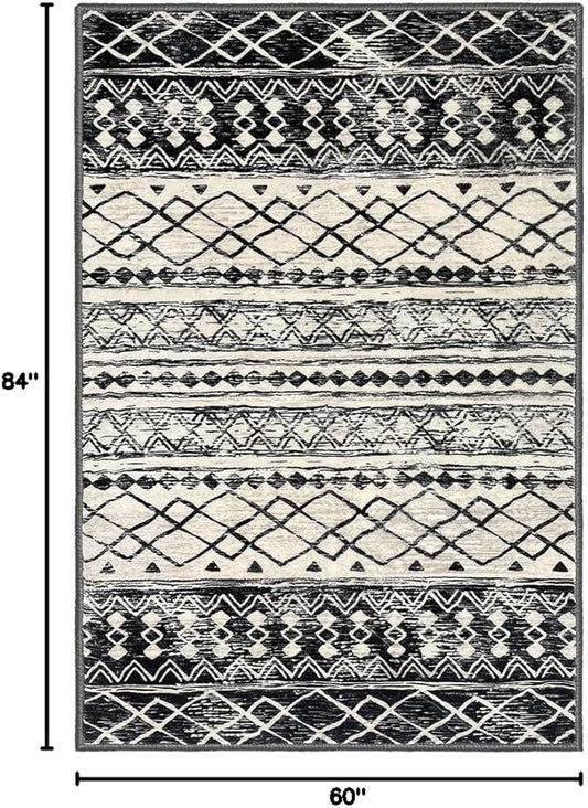 KUTA Morocca Area Rug 5x7 Black Navy Blue, Washable Boho Living Room Rugs Non-Slip, Ultra Soft Geometric Print Traditional Farmhouse Carpet for Dining Room Bedroom Dorm Office Home Decor