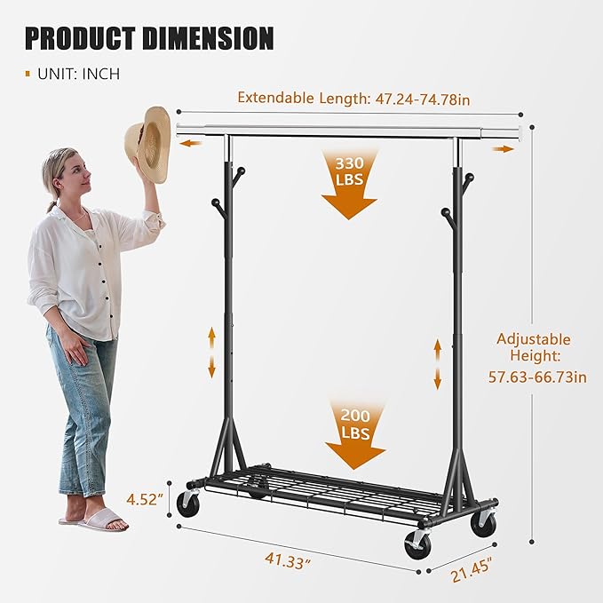 Heavy Duty Clothes Rack Load 530 LBS Metal Garment Clothing Rack Hang 200 pieces of clothing on Wheels Collapsible Rolling Portable & Adjustable with Hook for Hanging Clothes Black
