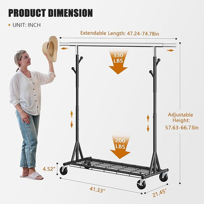 Heavy Duty Clothes Rack Load 530 LBS Metal Garment Clothing Rack Hang 200 pieces of clothing on Wheels Collapsible Rolling Portable & Adjustable with Hook for Hanging Clothes Black