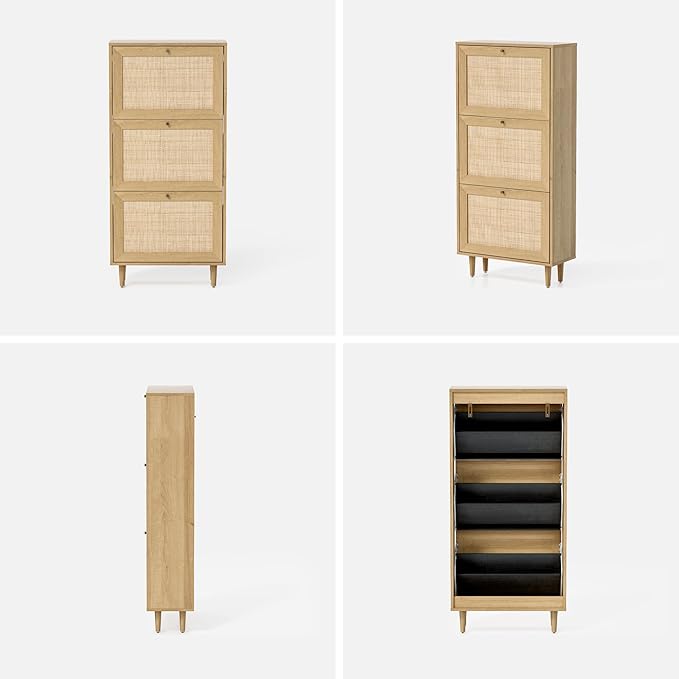 Narrow Shoe Cabinet with 3 Flip Drawers Set of 2 Hidden Freestanding Shoe Rack with Rattan Doors Wooden Shoe Storage Cabinet with Wood Legs for Entryway Slim Hallway Apartment, Natural Oak