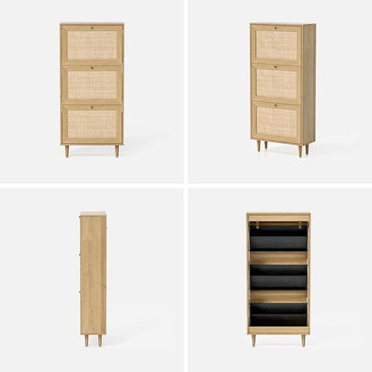 Narrow Shoe Cabinet with 3 Flip Drawers Hidden Freestanding Shoe Rack with Rattan Doors Wooden Shoe Storage Cabinet with Solid Wood Legs for Entryway Slim Hallway Apartment， Natural Oak