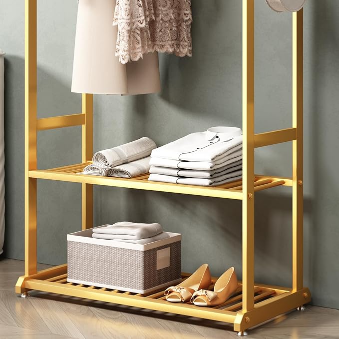 Gold Clothing Rack - Heavy Duty, Small Wardrobe Rack with Bottom Shelves for Hanging Clothes (L:39.4IN)